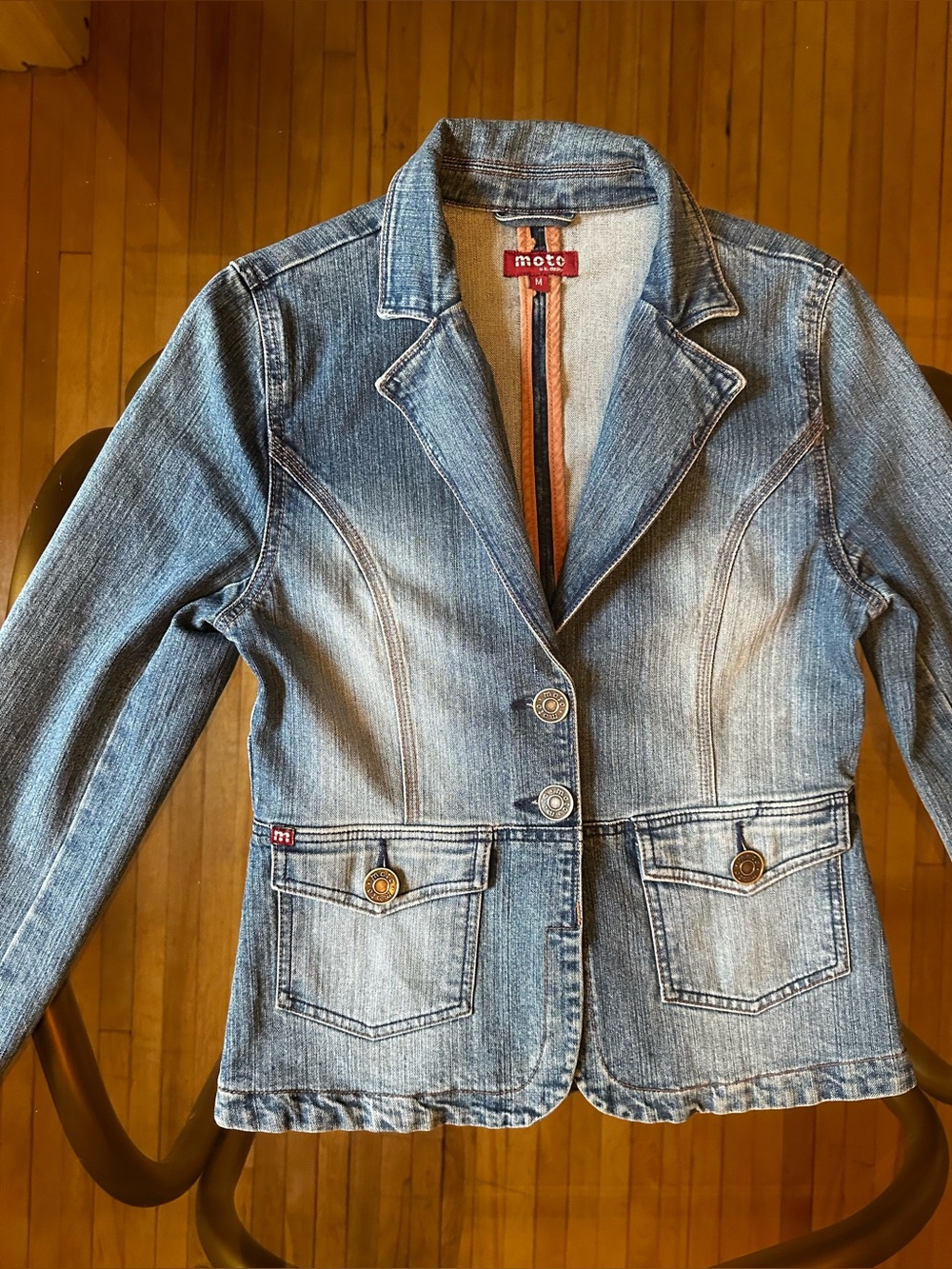 Moto Vintage Distressed Light Wash Denim Blazer Jacket - Size Medium